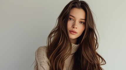 Woman with long straight brown hair smiling, set against a white background