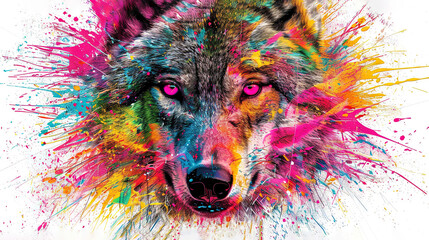 Wall Mural -   Close-up of wolf's face with vibrant splatters and white backdrop