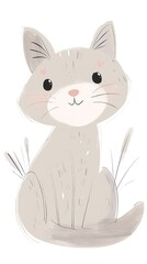 Cute cartoon gray cat with pink cheeks, black eyes, and a sweet smile.