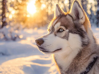 Wall Mural - A dog with a blue eye is standing in the snow