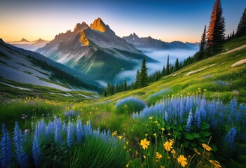 Wall Mural - breathtaking mountain landscapes featuring enchanting hidden trails serene valleys surrounded majestic peaks lush greenery, adventure, exploration, hiking