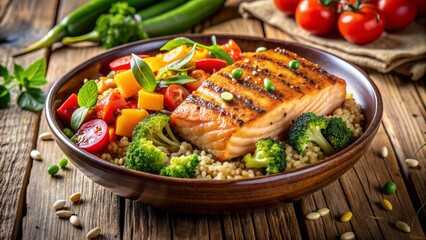 Freshly cooked quinoa bowl filled with succulent grilled salmon, colorful stir-fried vegetables, and a sprinkle of sesame seeds, served on a rustic wooden table.