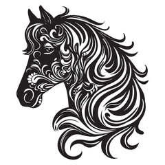 Wall Mural - Black ornamental horse head silhouette with vintage flowers leaves, beautiful mane on white background. Patterned isolated horse. Decorative ornate design.