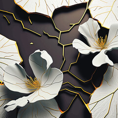 Poster - Sakura flowers. 3d Japanese style floral textured pattern. Art Deco modern painted vector background. White 3d blossom sakura flowers, leaves, gold lines. Luxury trendy inlaid ornaments with sakura.