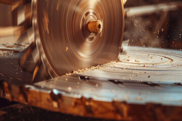 Wall Mural - Close-Up Of A Circular Saw Cutting Through A Piece Of Wood