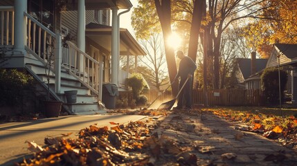 man sweeping the porch, clearing away leaves and debris