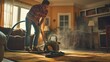 © mirifadapt - man vacuuming the carpet in his living room