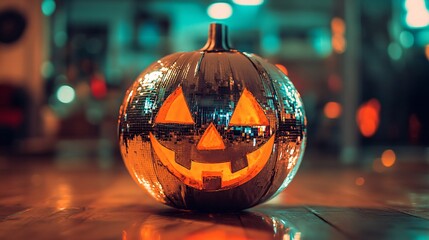 Shiny disco ball pumpkin glowing on dance floor for halloween party