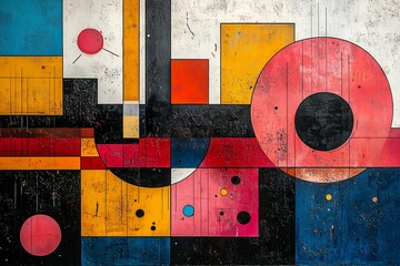 Sticker - Abstract geometric mural featuring bold colors and shapes in a contemporary urban setting