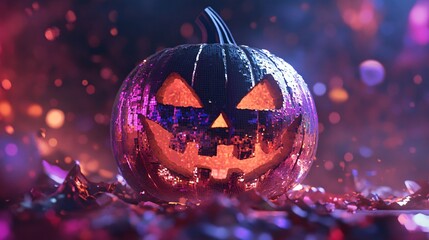 Disco pumpkin glowing on halloween night with confetti