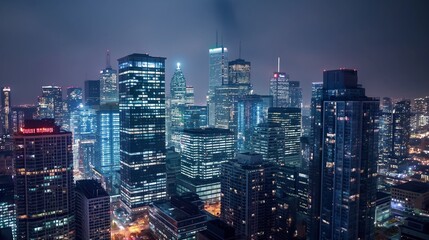 Wall Mural - cityscape at night with skyscrapers lit up