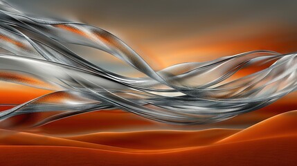   A digital painting depicts a surging wave of white and orange hues against an orange-grey backdrop, set against an orange sky