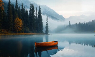 Canvas Print - a small boat floating on top of a lake next to a forest