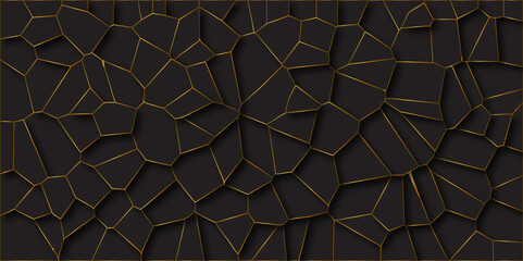 Wall Mural - Abstract black background with polygon or vector frame. Texture of geometric shapes golden line with shadows .abstract mosaic pattern. black polygonal design pattern, which consist of triangles..