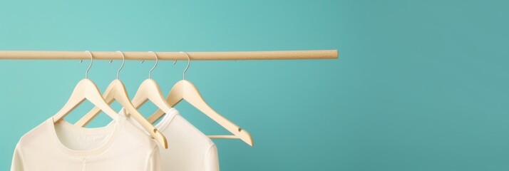 Wall Mural - White clothes hangers on wooden rack on color background, copy space for text