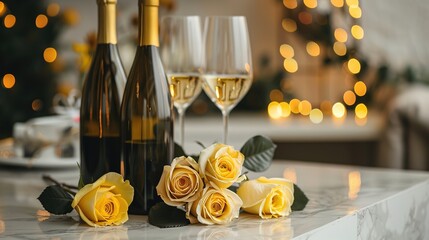 On a white marble table, there are two wine bottles, wine glasses, yellow roses, and decorations for the party at the back.