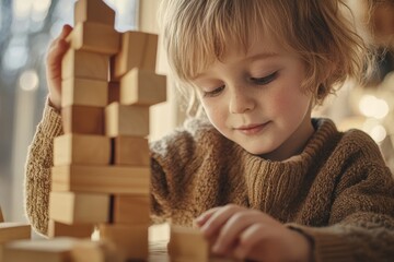 A child concentrates on stacking wooden blocks, carefully constructing a tall tower in a warm, inviting environment filled with natural light