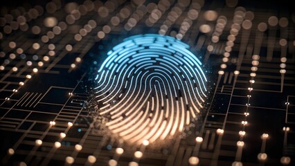 Glowing Blue and White Fingerprint Pattern - Neon Cyber Technology Background for Personal Data Security