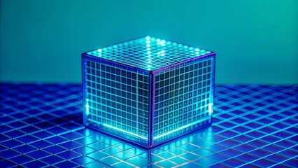 Wall Mural - blue cube glowing on a digital grid