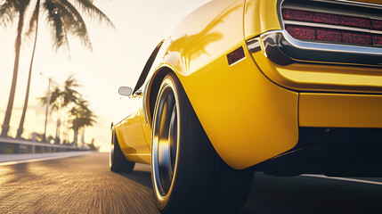 Wall Mural - Yellow american muscle car road in the city golden hour