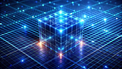 Wall Mural - blue cube glowing on a digital grid
