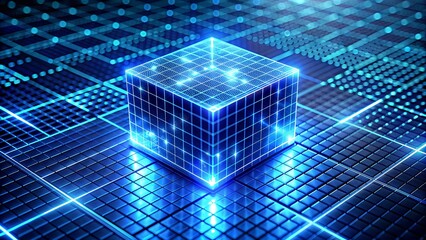Wall Mural - blue cube glowing on a digital grid