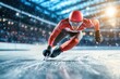 © DachAI - An athlete in a red speed skating suit maintains a low stance as they power around the ice rink, showcasing their competitive spirit and excellent technique for maximum speed.