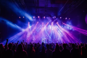 Wall Mural - A live band performs energetically on stage, captivating the audience with a stunning light display and an electrifying atmosphere