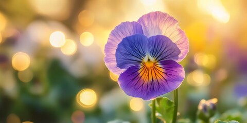 A closeup view of a beautifully vibrant pansy flower, showcasing its stunning purple and bright yellow colors set against a soft, dreamy, glowing background that adds to its charm and allure