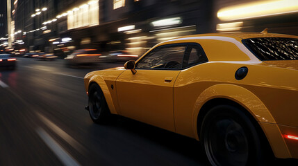 Yellow american muscle car road in the city golden hour