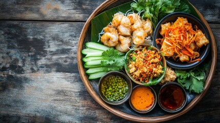 A top-down shot of served with a side of fresh vegetables and dipping sauces, emphasizing the delicious variety of flavors and textures in a traditional Thai meal.