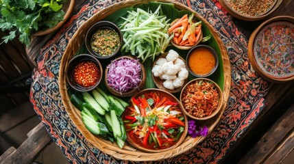 A top-down shot of served with a side of fresh vegetables and dipping sauces, emphasizing the delicious variety of flavors and textures in a traditional Thai meal.