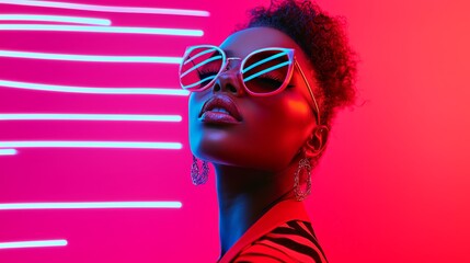 Wall Mural - Woman in sunglasses with neon lights in background.