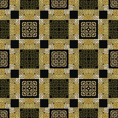 Wall Mural - Elegant checkered grid ancient greece tribal ethnic style seamless pattern with squares, greek key meander. Modern ornamental vector background. Beautiful geometric ornaments. Endless ornate texture.