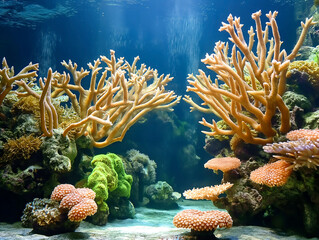 Wall Mural - A coral reef with many different colored plants and fish. The water is clear and the plants are vibrant