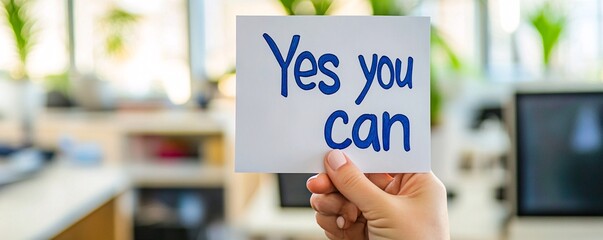 Businesswoman holding encouraging yes you can sign in office