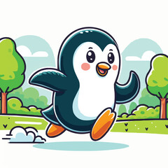 Wall Mural - a cartoon Penguin running happily in park flat colorful vector