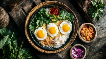 Poster - A top-down view of a plate of eggs cooked to perfection, accompanied by a variety of condiments like fish sauce, chili paste, and fresh herbs, creating a rich breakfast spread.