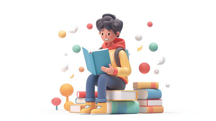 A student holding books and using a computer with dreamy background, symbolizing the balance between traditional learning and digital education. 3D flat icon concept. Isolated on w