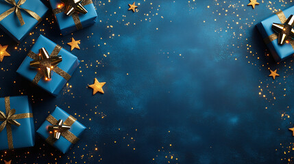 blue gifts with golden bows and ribbons placed on blue background near stars