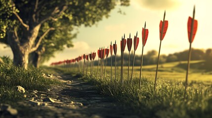 A Line of Red-Feathered Arrows Stuck in the Ground