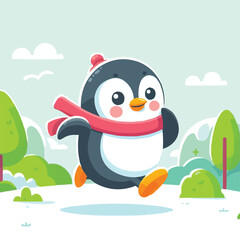 Wall Mural - a cartoon Penguin running happily in park flat colorful vector