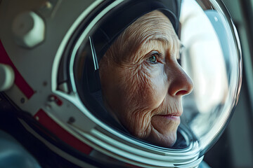  an elderly female astronaut in a spacesuit