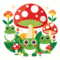 Sticker - mush rooms and frogs rain vector illustration