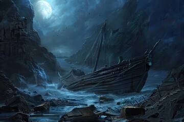 A Shipwrecked Vessel Under a Gloomy Full Moon