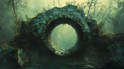 Stone archway leading into a misty forest