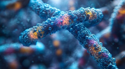 Chromosomes and DNA Helix Close-Up: An in-depth view of chromosomes interacting with the DNA double helix, highlighting the molecular structure and genetic sequences. 