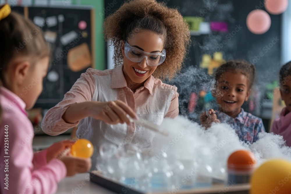 A teacher wearing safety goggles guides children in a playful science ...