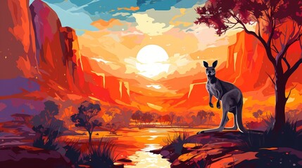 A kangaroo bouncing energetically flat design top view outback cartoon drawing colored pastel