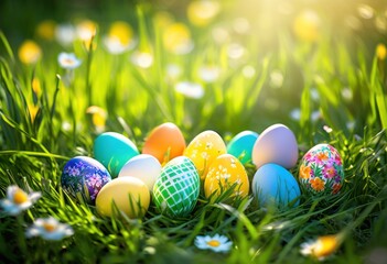  colorful easter egg display nestled amongst lush green grass creating festive spring scene, arrangement, eggs, vibrant, decoration, holiday, nature